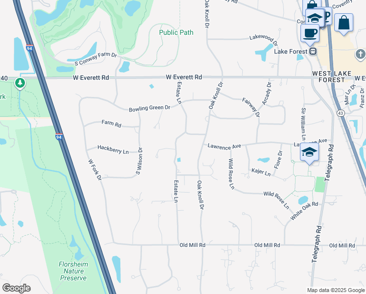 map of restaurants, bars, coffee shops, grocery stores, and more near 1255 Estate Lane in Lake Forest