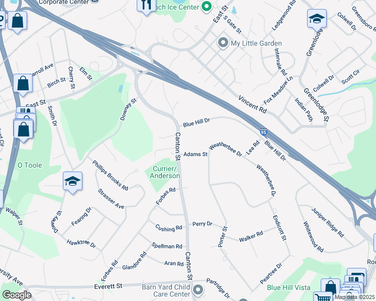 map of restaurants, bars, coffee shops, grocery stores, and more near 10 Adams Street in Westwood