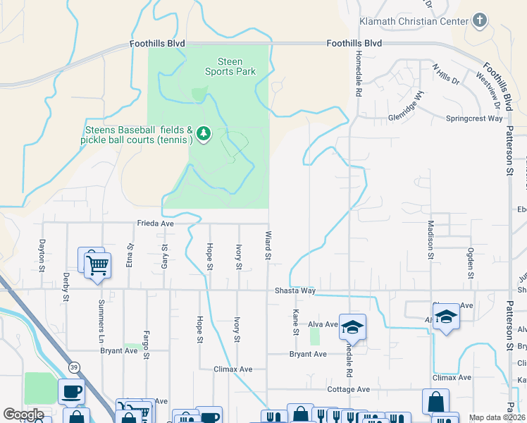 map of restaurants, bars, coffee shops, grocery stores, and more near 1304 Wiard Street in Klamath Falls