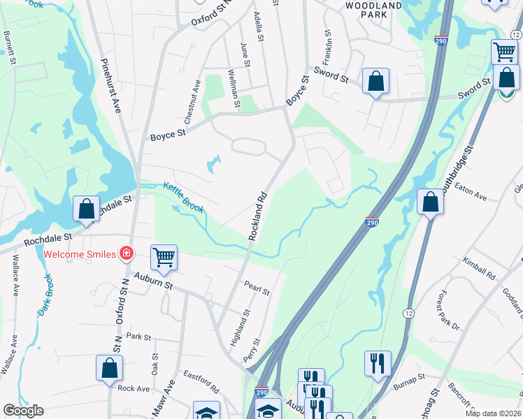map of restaurants, bars, coffee shops, grocery stores, and more near 76 Rockland Road in Auburn