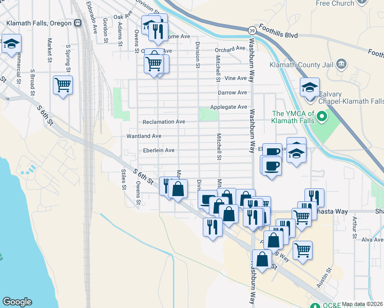 map of restaurants, bars, coffee shops, grocery stores, and more near 2236 Eberlein Avenue in Klamath Falls