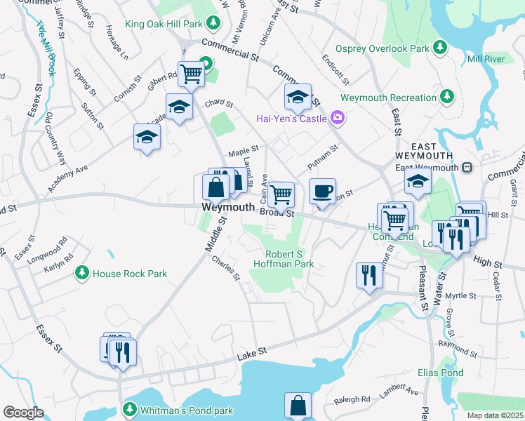 map of restaurants, bars, coffee shops, grocery stores, and more near 590 Broad Street in Weymouth