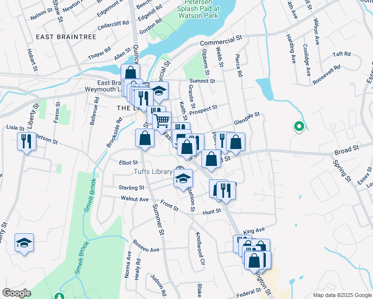 map of restaurants, bars, coffee shops, grocery stores, and more near 148 Washington Street in Weymouth