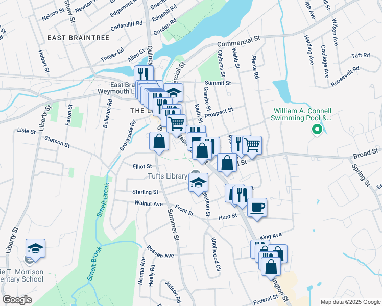 map of restaurants, bars, coffee shops, grocery stores, and more near 148 Washington Street in Weymouth