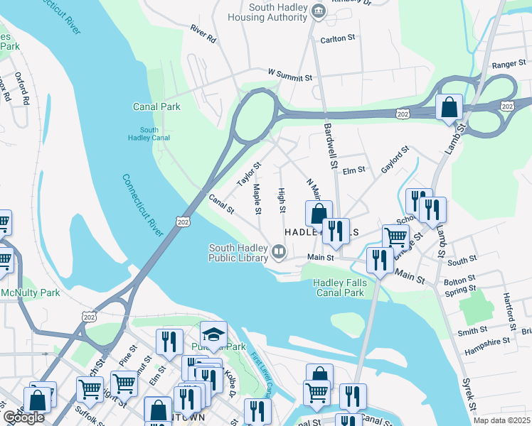 map of restaurants, bars, coffee shops, grocery stores, and more near 50 High Street in South Hadley