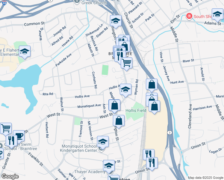 map of restaurants, bars, coffee shops, grocery stores, and more near 46 Hollis Avenue in Braintree