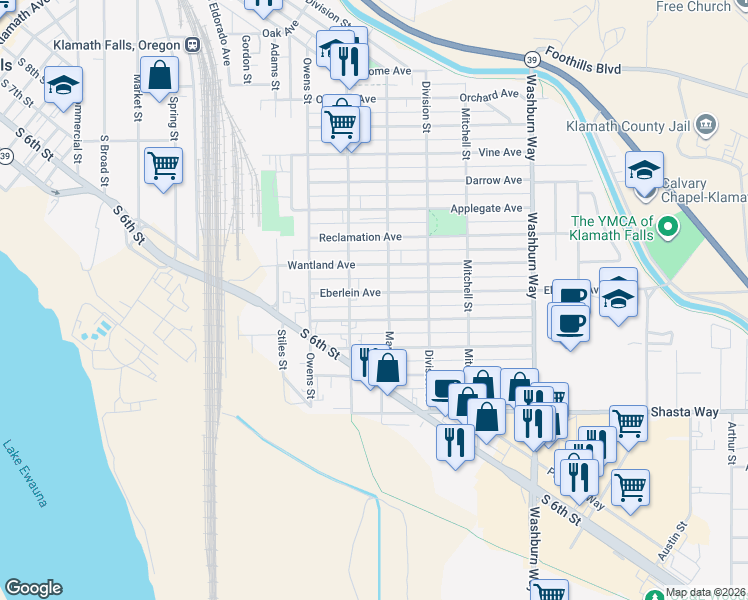 map of restaurants, bars, coffee shops, grocery stores, and more near 2144 Eberlein Avenue in Klamath Falls