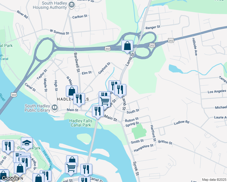 map of restaurants, bars, coffee shops, grocery stores, and more near 68 School Street in South Hadley