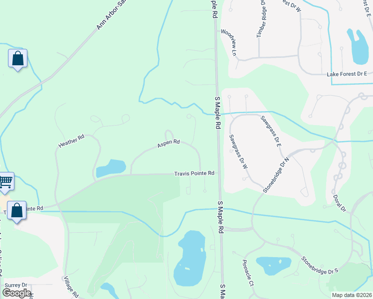 map of restaurants, bars, coffee shops, grocery stores, and more near 2665 Aspen Road in Ann Arbor