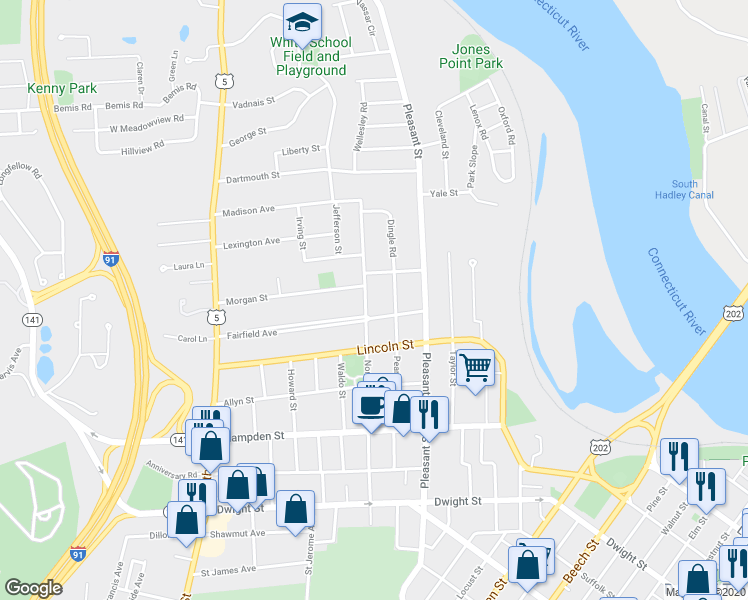 map of restaurants, bars, coffee shops, grocery stores, and more near 80-82 Nonotuck Street in Holyoke