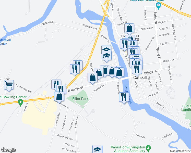 map of restaurants, bars, coffee shops, grocery stores, and more near 26 Division Street in Catskill