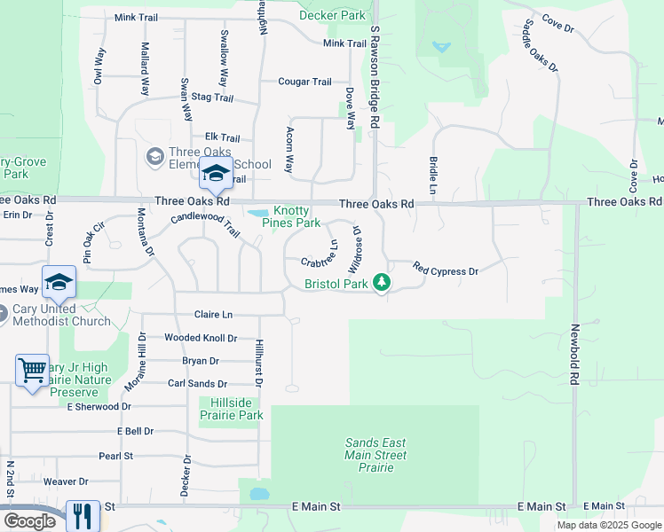 map of restaurants, bars, coffee shops, grocery stores, and more near 865 Crabtree Lane in Cary