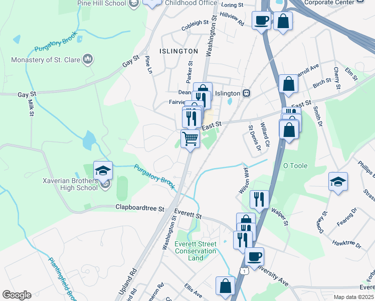 map of restaurants, bars, coffee shops, grocery stores, and more near 341 Washington Street in Westwood