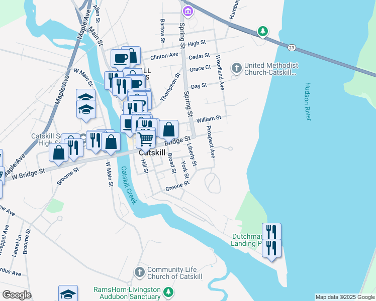 map of restaurants, bars, coffee shops, grocery stores, and more near 35 Liberty Street in Catskill