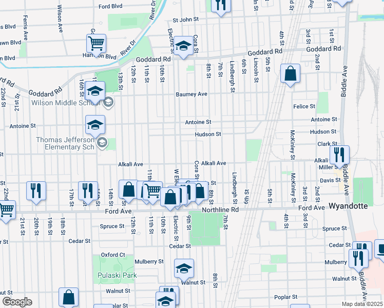 map of restaurants, bars, coffee shops, grocery stores, and more near 1574 Cora Street in Wyandotte