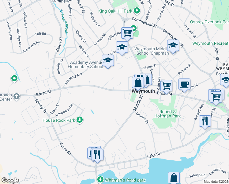 map of restaurants, bars, coffee shops, grocery stores, and more near 493 Broad Street in Weymouth