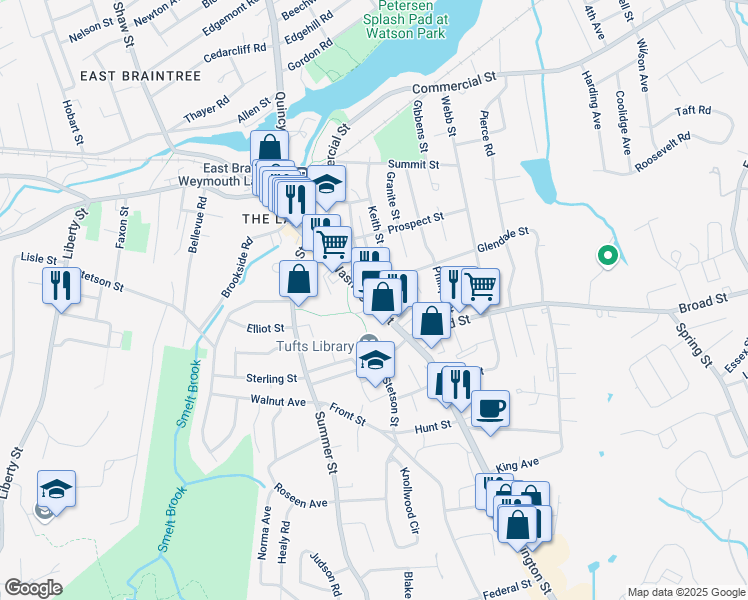 map of restaurants, bars, coffee shops, grocery stores, and more near 148 Washington Street in Weymouth