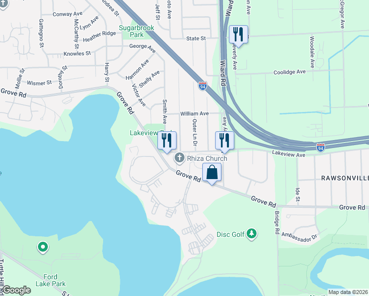map of restaurants, bars, coffee shops, grocery stores, and more near 2217 Lakeview Avenue in Ypsilanti