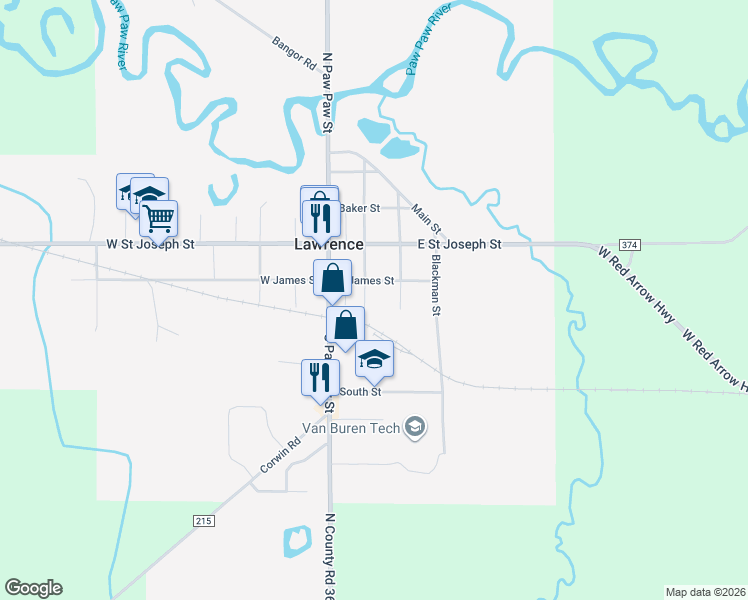 map of restaurants, bars, coffee shops, grocery stores, and more near 219 South Exchange Street in Lawrence