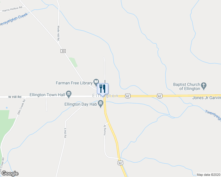 map of restaurants, bars, coffee shops, grocery stores, and more near 5018 Mill Street in Ellington