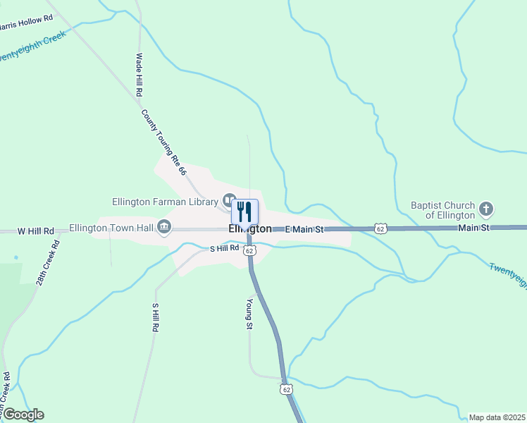 map of restaurants, bars, coffee shops, grocery stores, and more near 5018 Mill Street in Ellington
