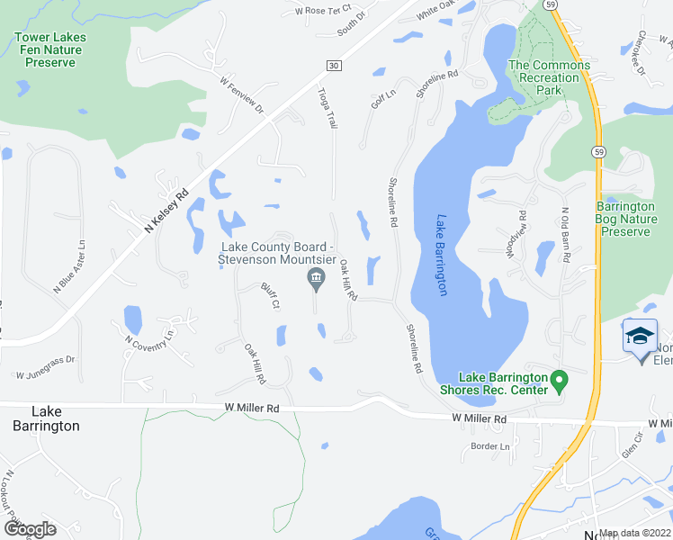 map of restaurants, bars, coffee shops, grocery stores, and more near 350 Oak Hill Road in Lake Barrington