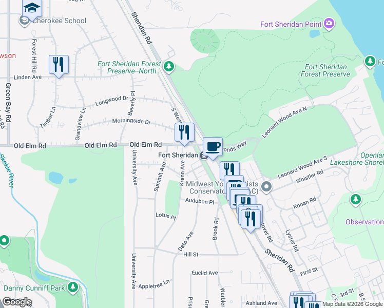 map of restaurants, bars, coffee shops, grocery stores, and more near 3570 Western Avenue in Highland Park