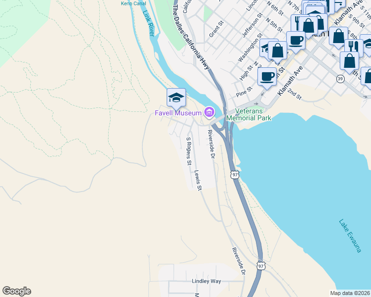 map of restaurants, bars, coffee shops, grocery stores, and more near 148 North Georgia Street in Klamath Falls