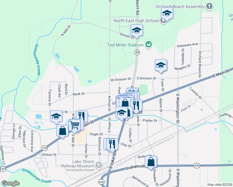 map of restaurants, bars, coffee shops, grocery stores, and more near 29 Park Street in North East