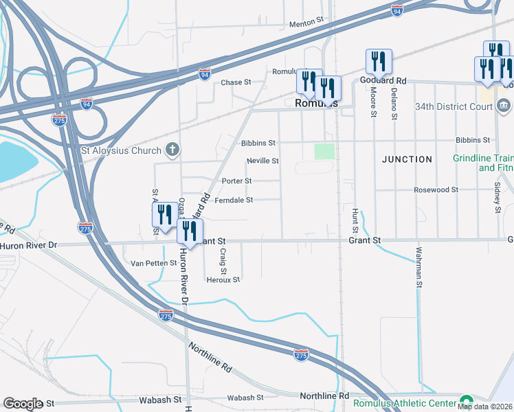 map of restaurants, bars, coffee shops, grocery stores, and more near 11510 Olive Street in Romulus