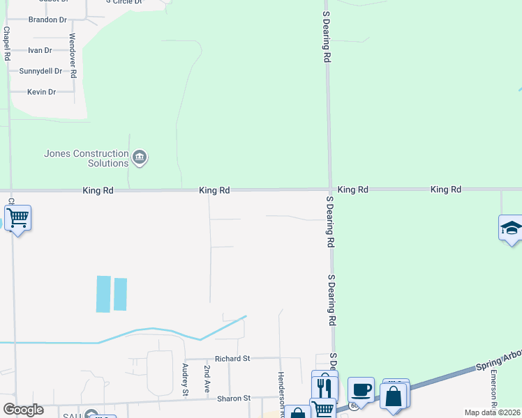 map of restaurants, bars, coffee shops, grocery stores, and more near 7258 Sydney Court in Spring Arbor
