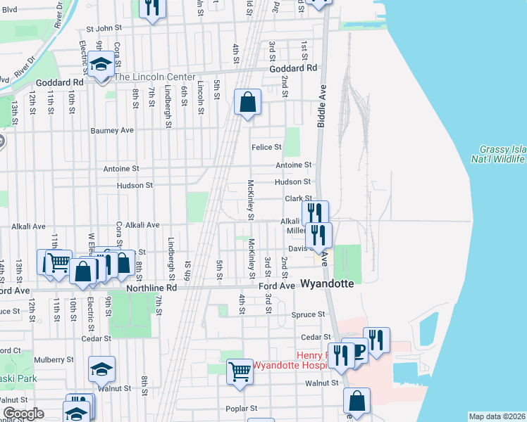 map of restaurants, bars, coffee shops, grocery stores, and more near 1639 McKinley Street in Wyandotte
