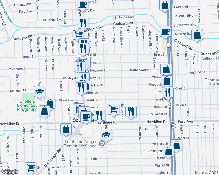 map of restaurants, bars, coffee shops, grocery stores, and more near 13547 Rosedale Street in Southgate
