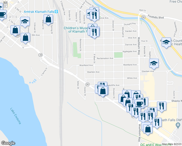 map of restaurants, bars, coffee shops, grocery stores, and more near 2042 Eberlein Avenue in Klamath Falls