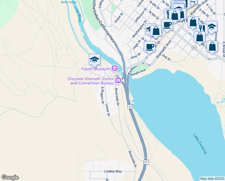 map of restaurants, bars, coffee shops, grocery stores, and more near 234 Riverside Drive in Klamath Falls