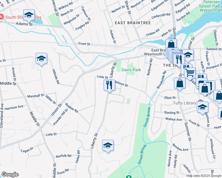 map of restaurants, bars, coffee shops, grocery stores, and more near 87 Liberty Street in Braintree