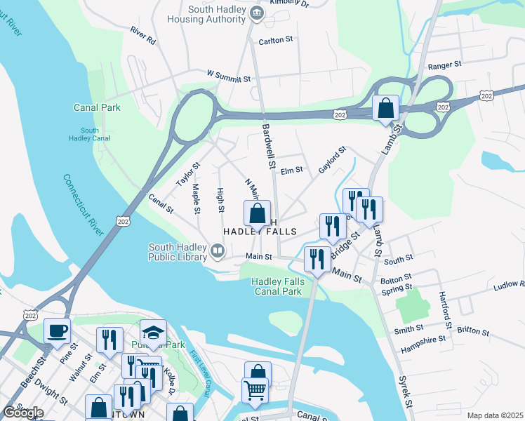 map of restaurants, bars, coffee shops, grocery stores, and more near in South Hadley