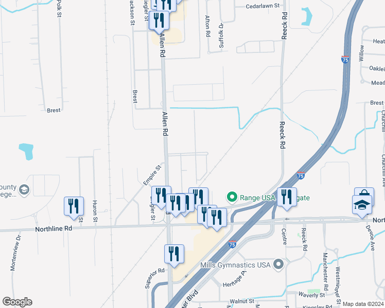 map of restaurants, bars, coffee shops, grocery stores, and more near 19175 Main Street in Southgate