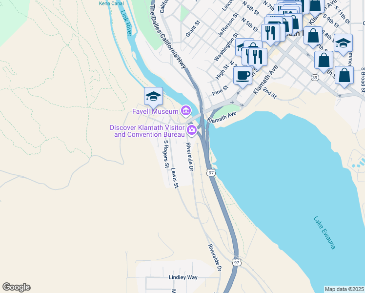 map of restaurants, bars, coffee shops, grocery stores, and more near 234 Riverside Drive in Klamath Falls