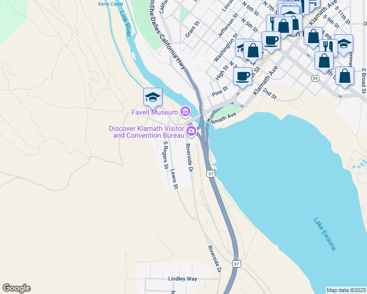 map of restaurants, bars, coffee shops, grocery stores, and more near 234 Riverside Drive in Klamath Falls
