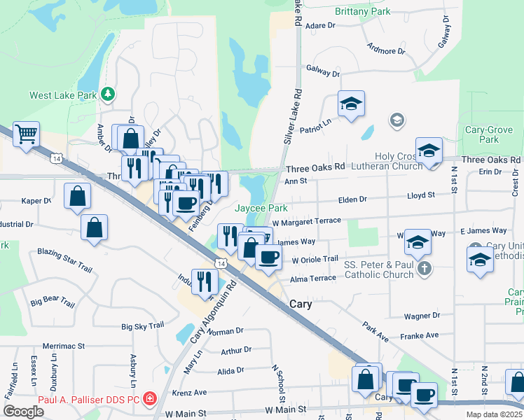 map of restaurants, bars, coffee shops, grocery stores, and more near Jaycee Park Path in Cary