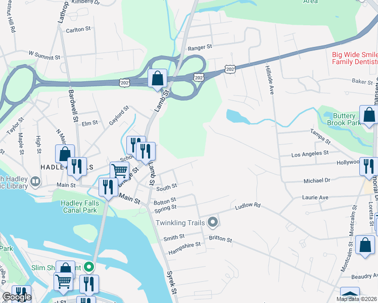 map of restaurants, bars, coffee shops, grocery stores, and more near 32 North Street in South Hadley