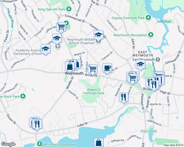 map of restaurants, bars, coffee shops, grocery stores, and more near 610 Broad Street in Weymouth