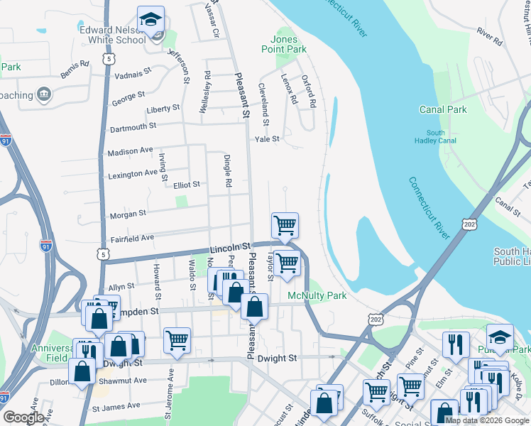map of restaurants, bars, coffee shops, grocery stores, and more near 21 Taylor Street in Holyoke