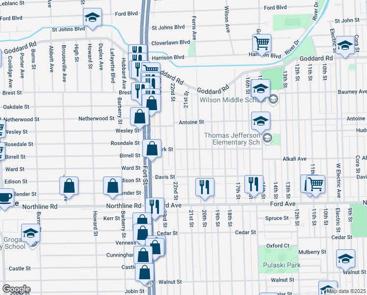 map of restaurants, bars, coffee shops, grocery stores, and more near 1514 21st Street in Wyandotte