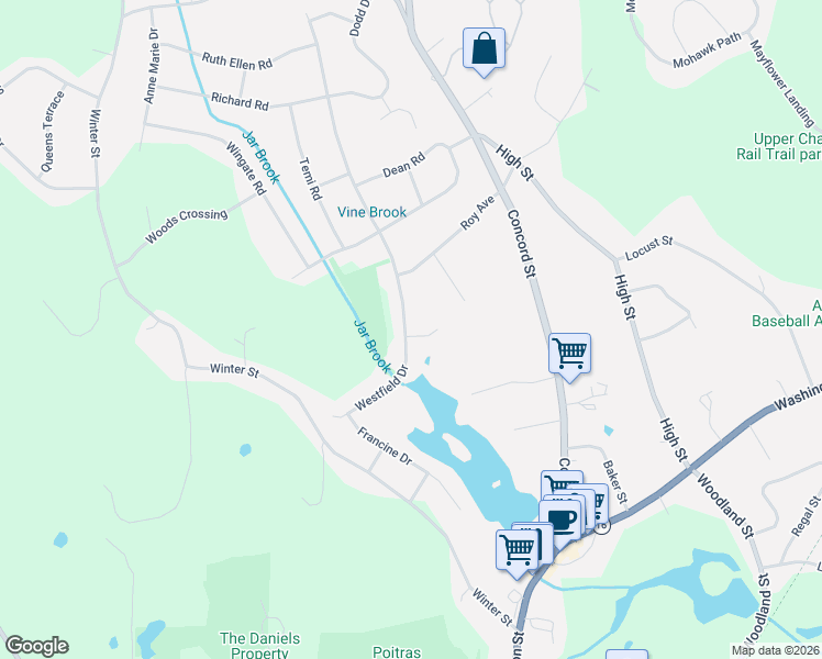 map of restaurants, bars, coffee shops, grocery stores, and more near 47 Westfield Drive in Holliston