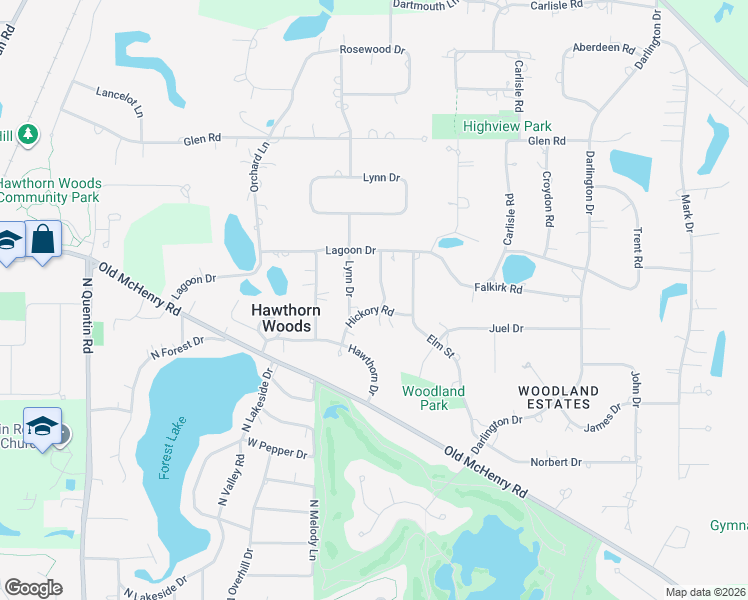 map of restaurants, bars, coffee shops, grocery stores, and more near 5 Hickory Road in Hawthorn Woods