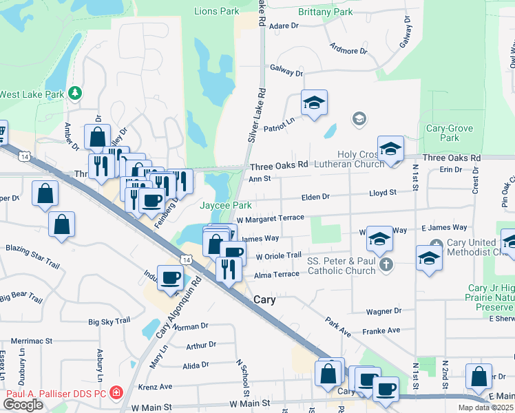 map of restaurants, bars, coffee shops, grocery stores, and more near 451 Lloyd Street in Cary