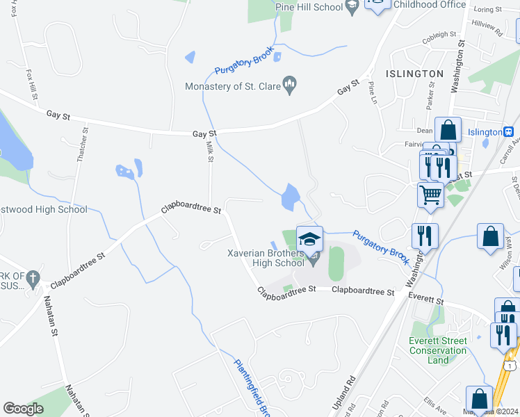 map of restaurants, bars, coffee shops, grocery stores, and more near 59 Meadowbrook Road in Westwood