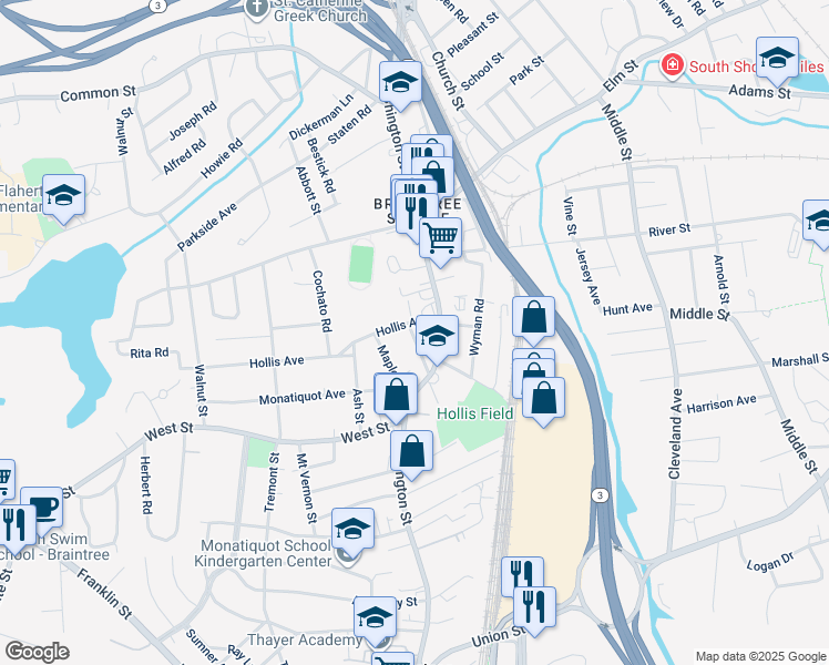map of restaurants, bars, coffee shops, grocery stores, and more near 33 May Avenue in Braintree